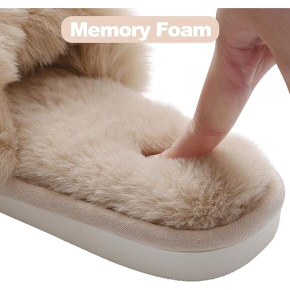 Women's Fuzzy Slippers Cross Band Camel Memory Foam House Slippers Open Toe - Picture 5 of 5